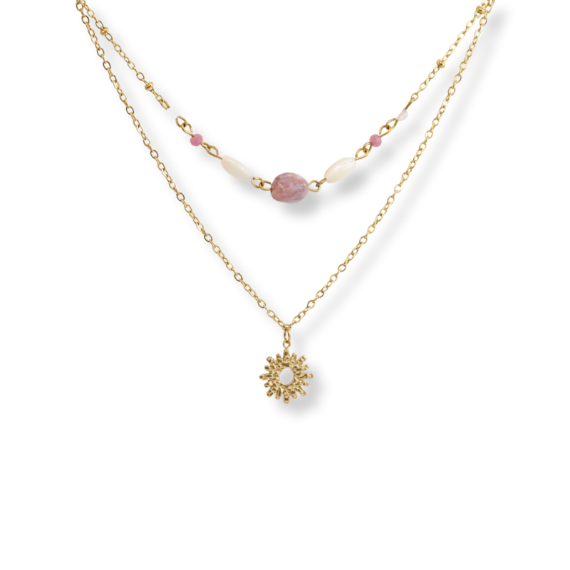 Collier double rangs tourmaline, nacre - acier doré