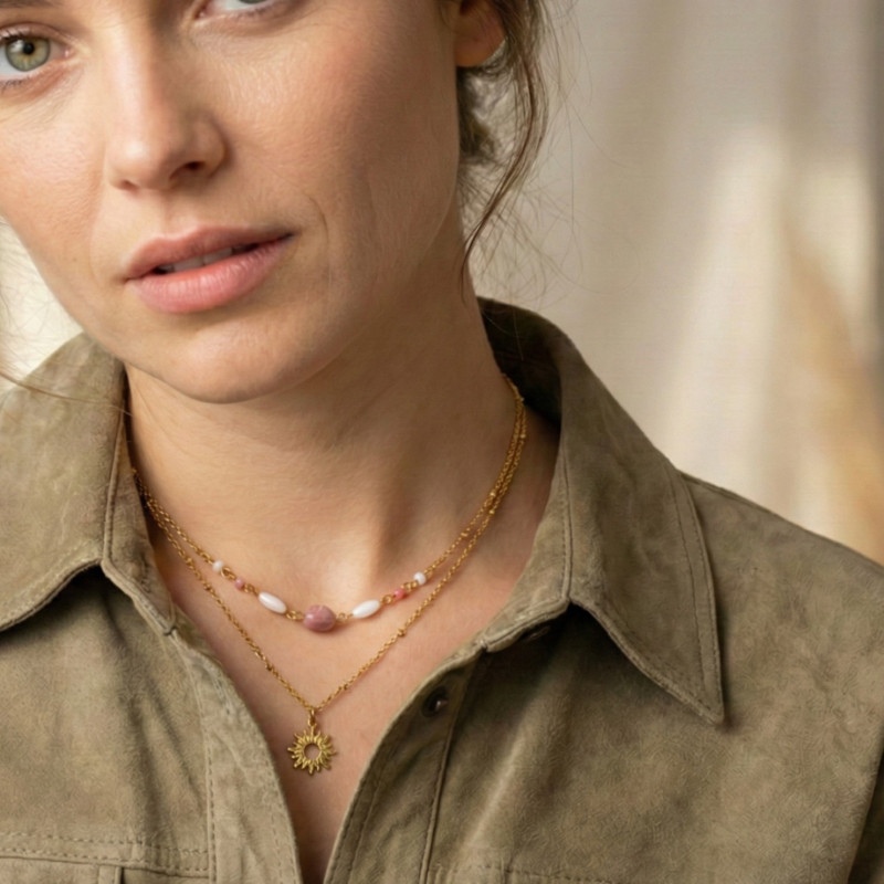 Collier double rangs tourmaline, nacre - acier doré