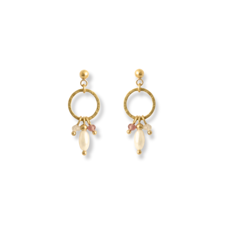 Boucles ronds martelées tourmaline, nacre - acier doré