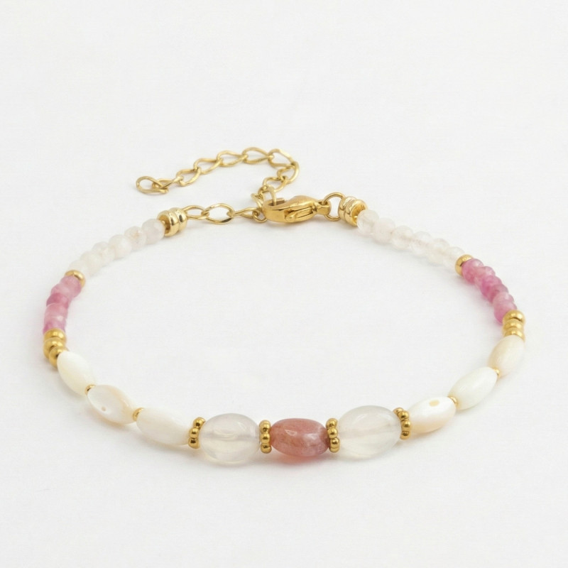 Bracelet tourmaline, nacre, pierre de lune - acier doré