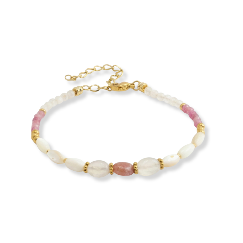 Bracelet tourmaline, nacre, pierre de lune - acier doré