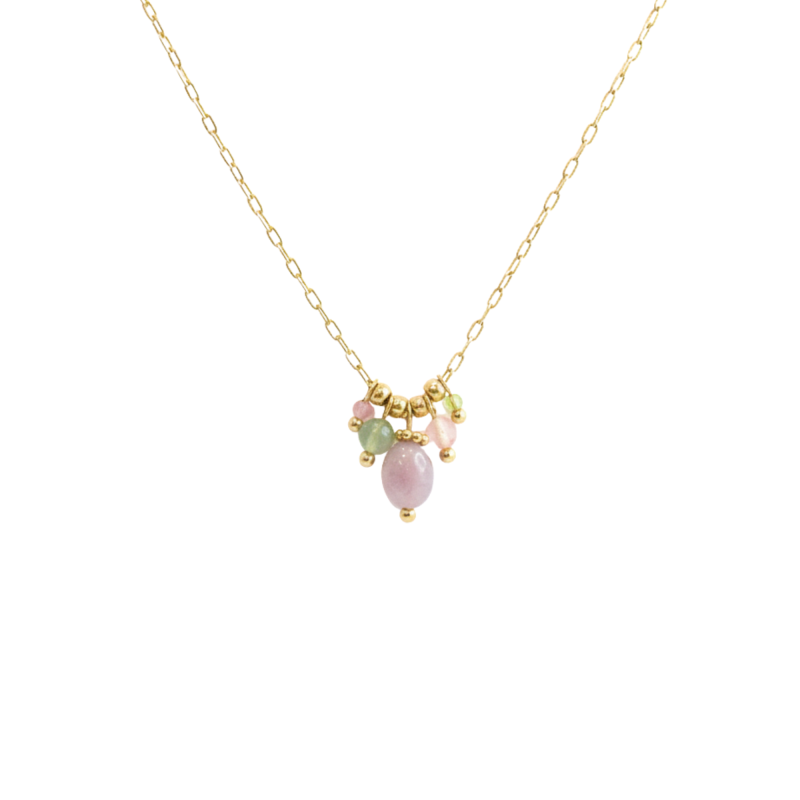 Collier multiples pierres rose, vert - acier doré