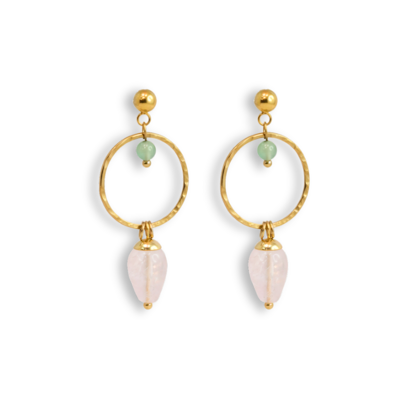 Boucles ronds martelées quartz rose, vert - acier doré