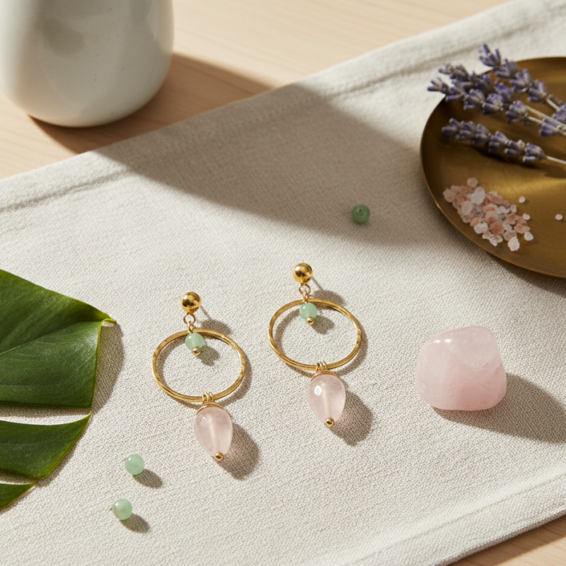 Boucles ronds martelées quartz rose, vert - acier doré