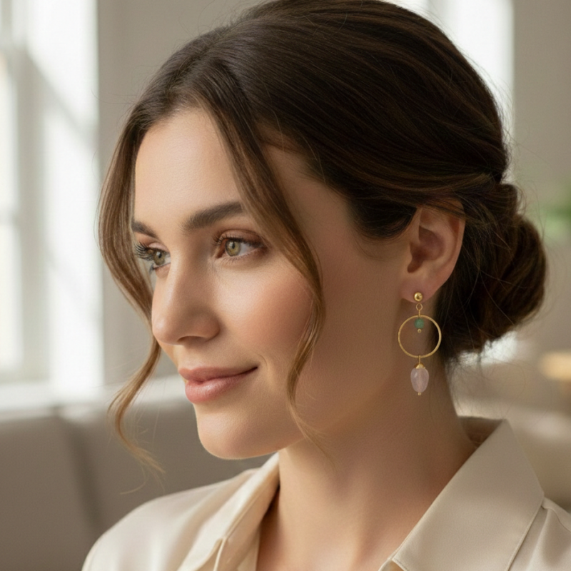 Boucles ronds martelées quartz rose, vert - acier doré