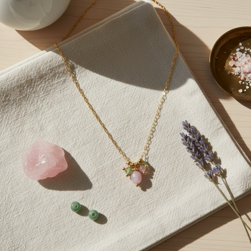 Collier multiples pierres rose, vert - acier doré