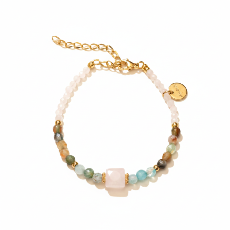Bracelet carré pierre de lune, agate bleu - acier doré