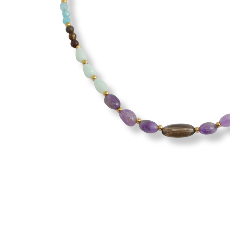 Collier quartz, améthyste et amazonite
