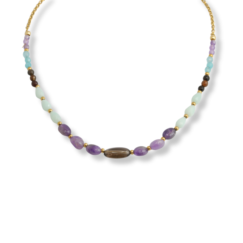 Collier quartz, améthyste et amazonite