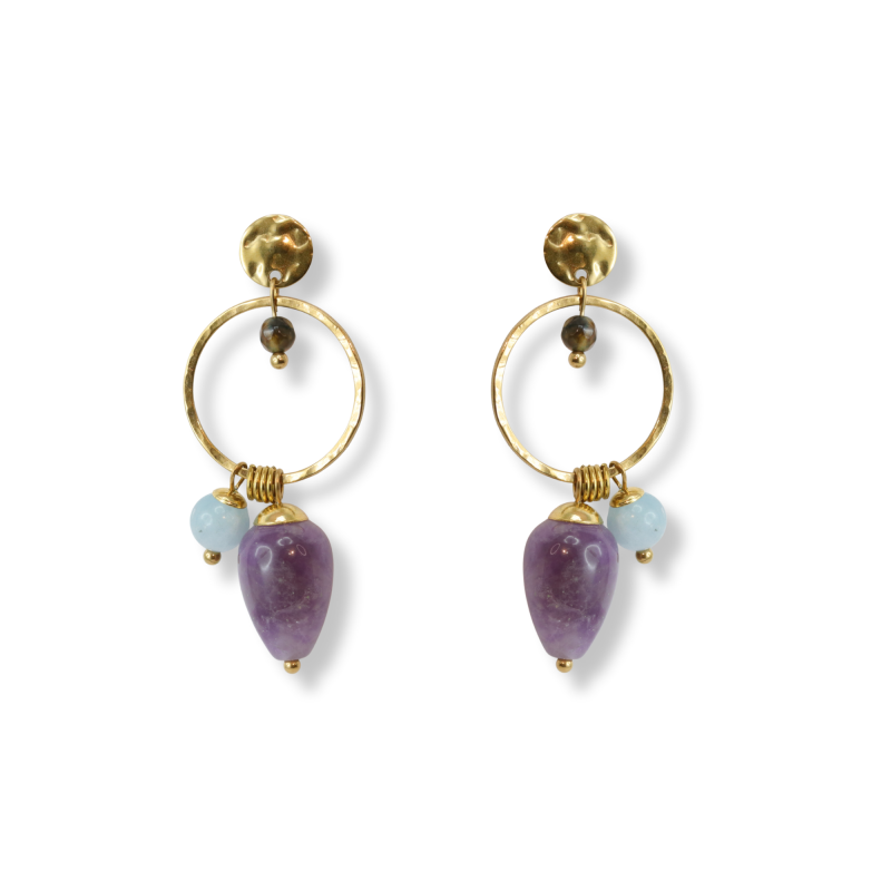 Boucles améthyste et aigue marine - acier dore