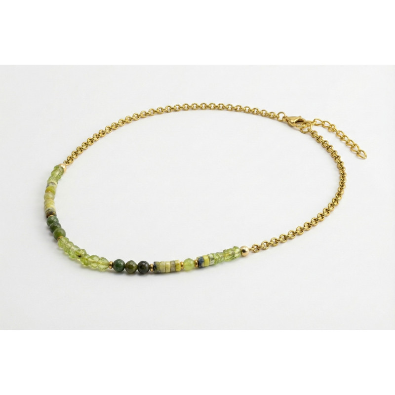 Collier péridot, jaspe et jade - acier doré