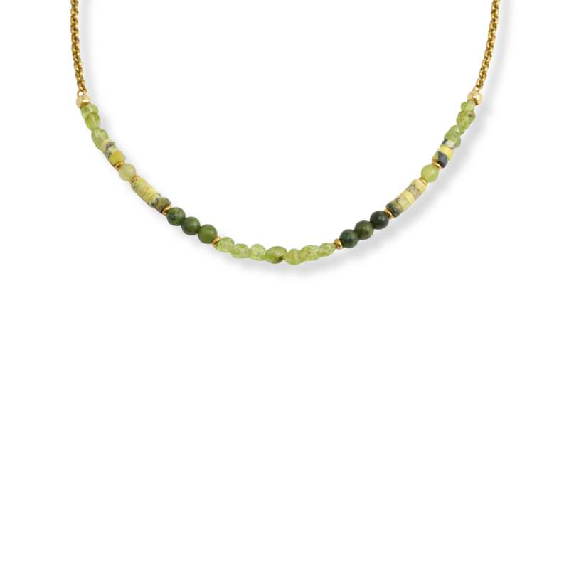 Collier péridot, jaspe et jade - acier doré
