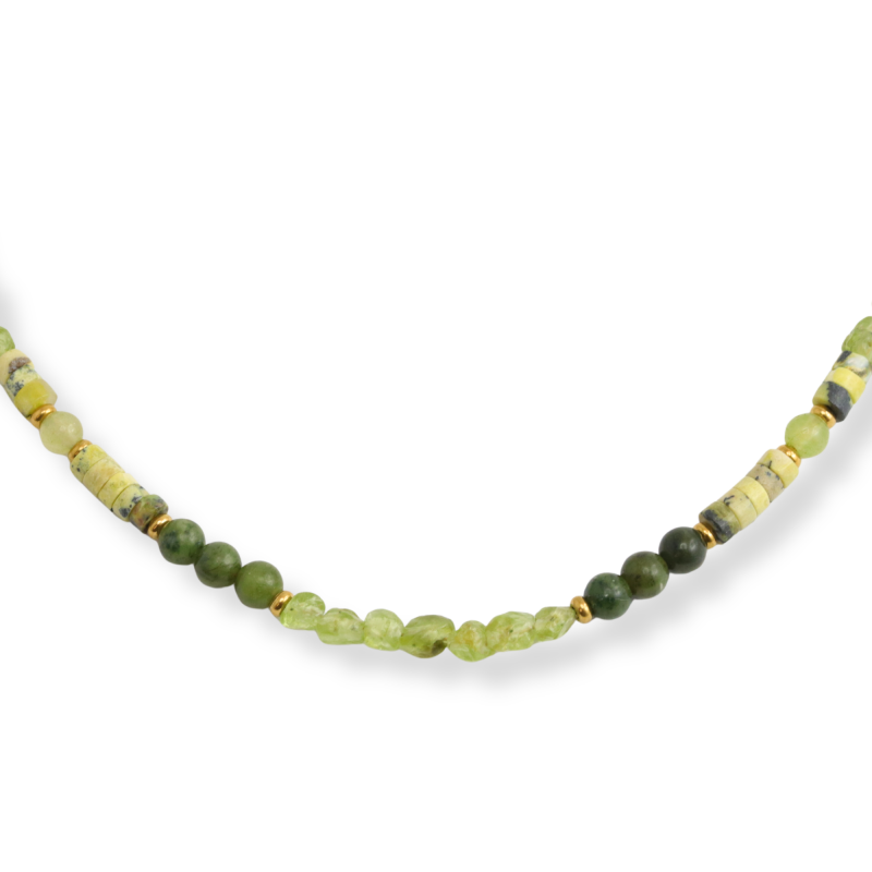 Collier péridot, jaspe et jade - acier doré