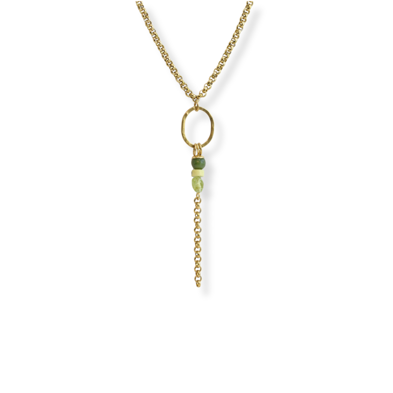 Collier ovale martelé péridot, jaspe et jade - acier doré