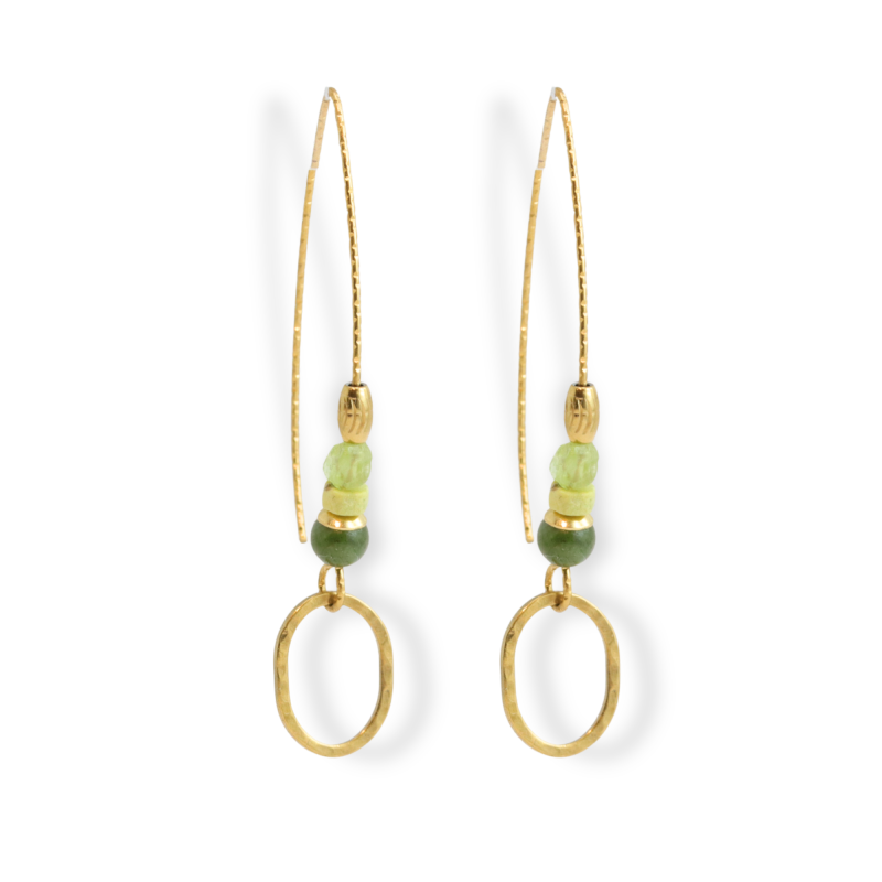 Boucles hameçon rond martelé péridot - acier doré