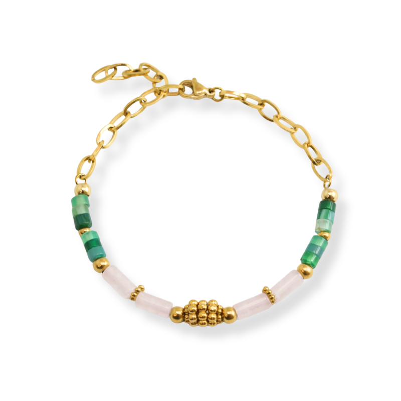 Bracelet agate verte et quartz rose - acier doré