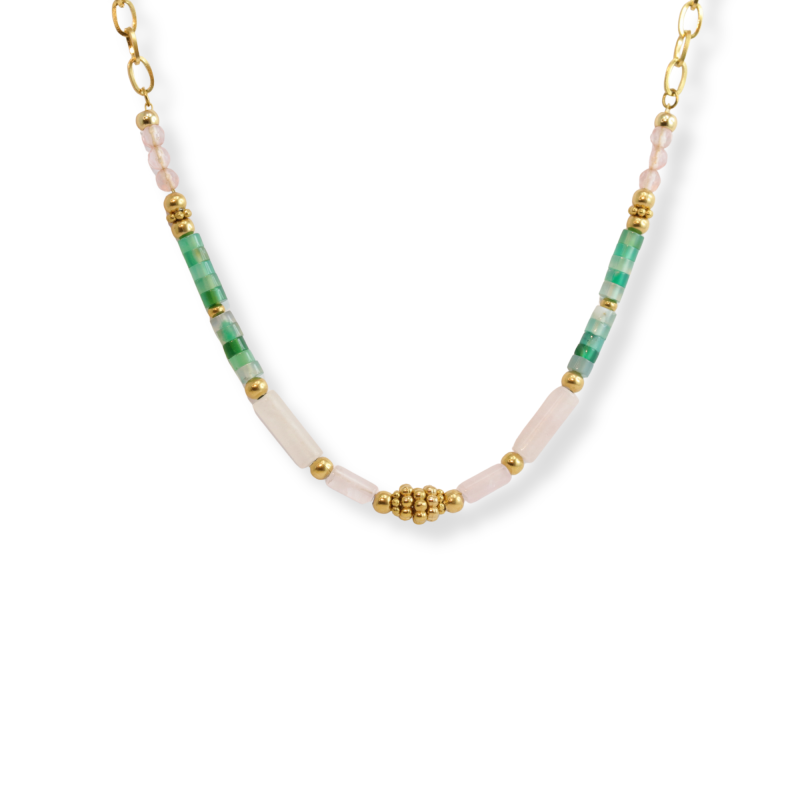 Collier agate verte et quartz rose - acier doré