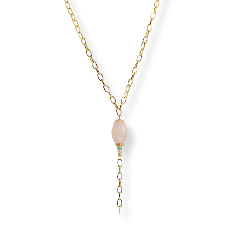 Pendentif long quartz rose et agate verte - acier doré