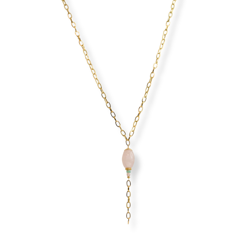 Pendentif long quartz rose et agate verte - acier doré
