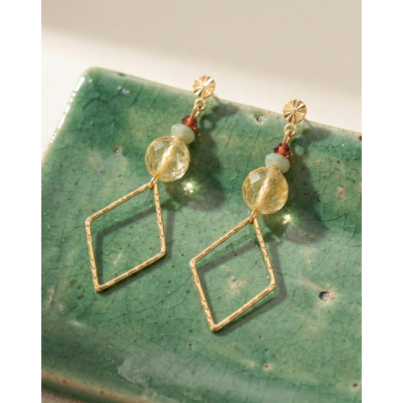 Boucles losanges citrine et turquoise africaine