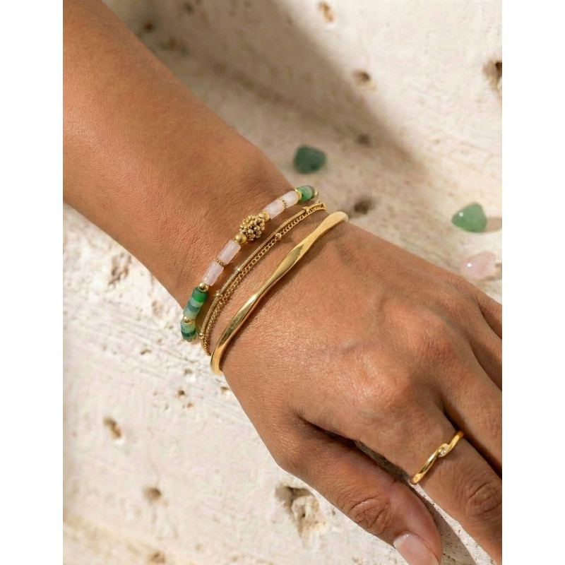 Bracelet agate verte et quartz rose - acier doré