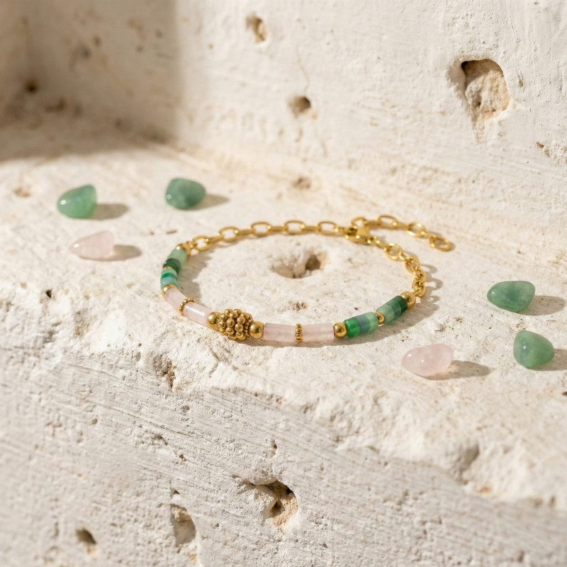 Bracelet agate verte et quartz rose - acier doré