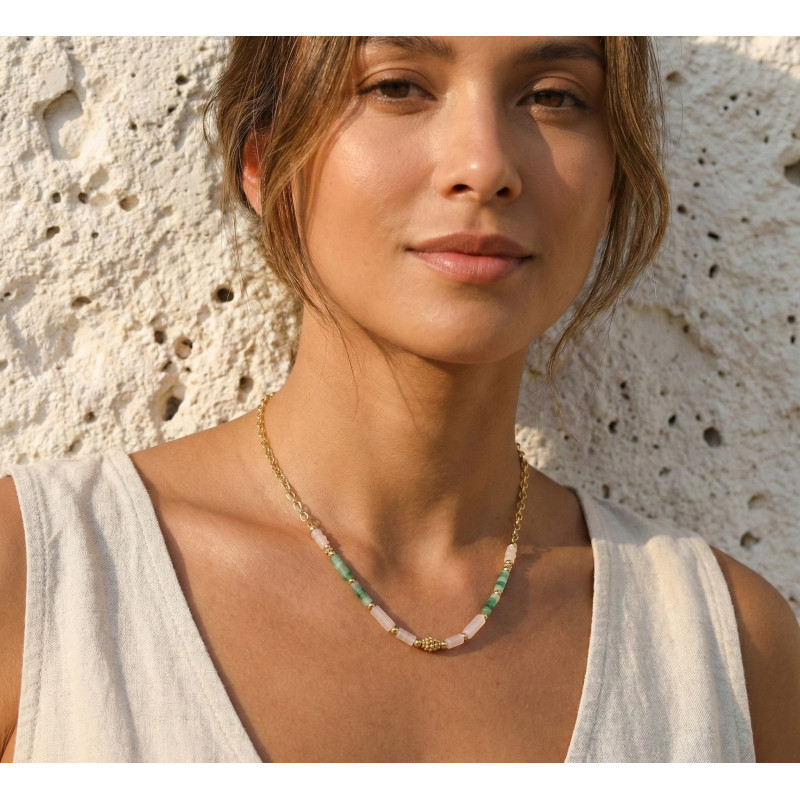 Collier agate verte et quartz rose - acier doré