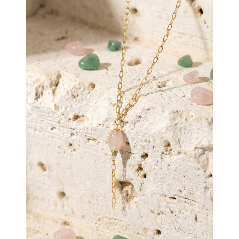 Pendentif long quartz rose et agate verte - acier doré