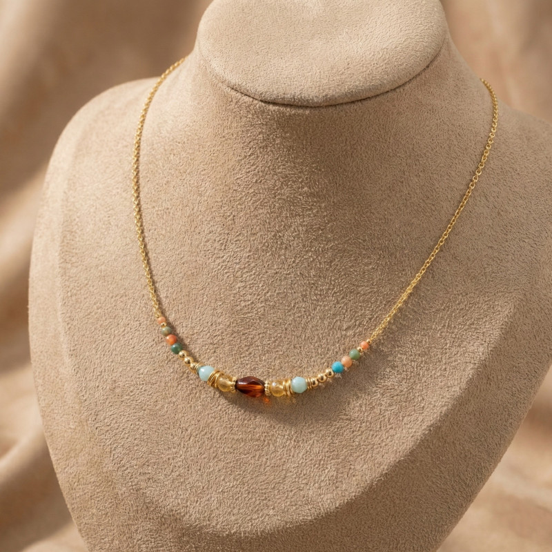 Collier agate orange, amazonite, citrine - acier doré