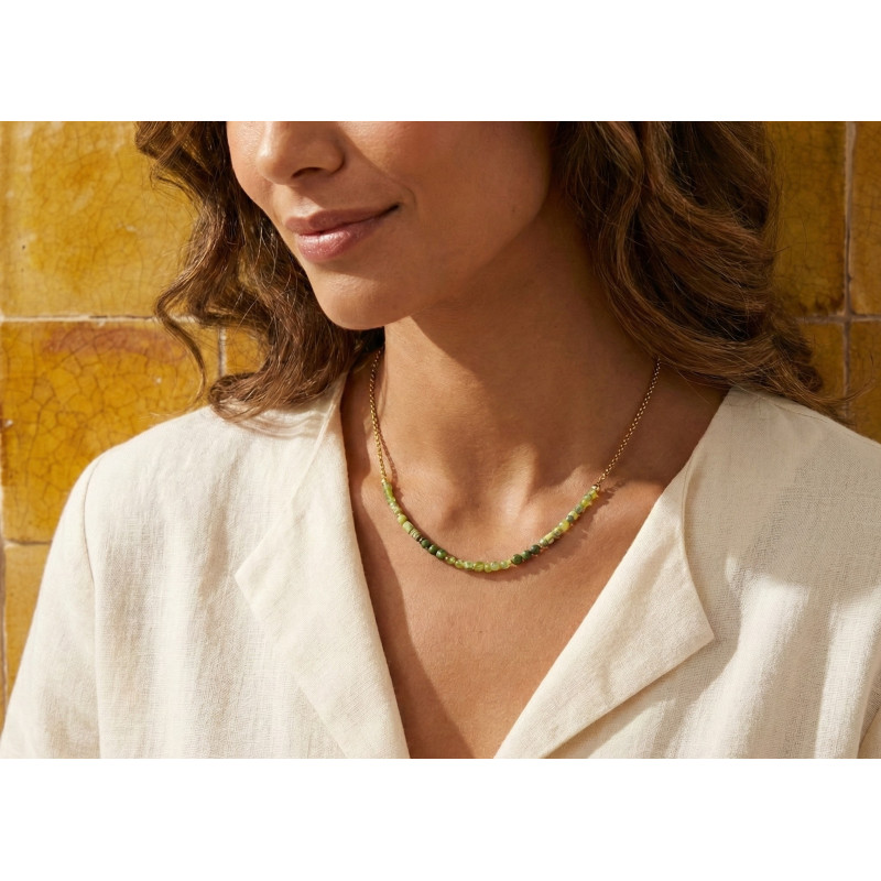 Collier péridot, jaspe et jade - acier doré