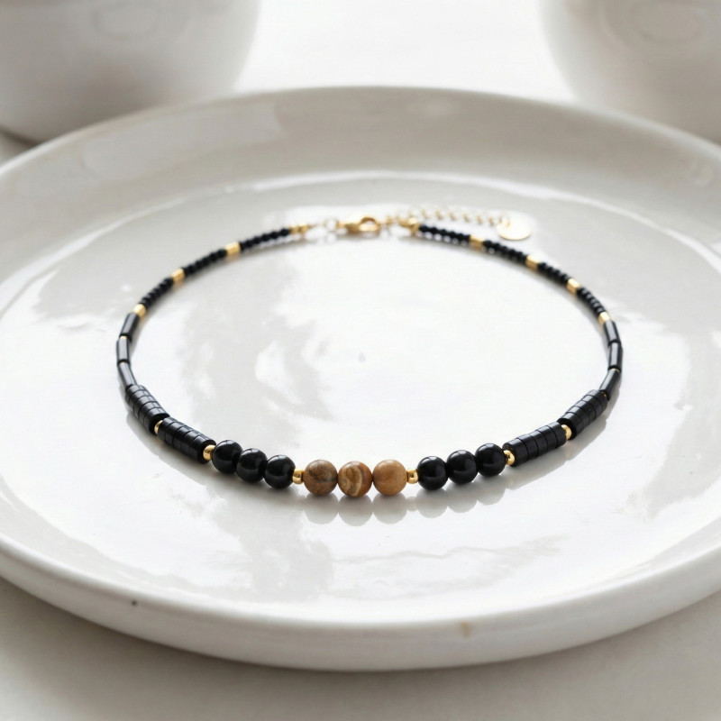 Collier complet perles agate noire et jaspe