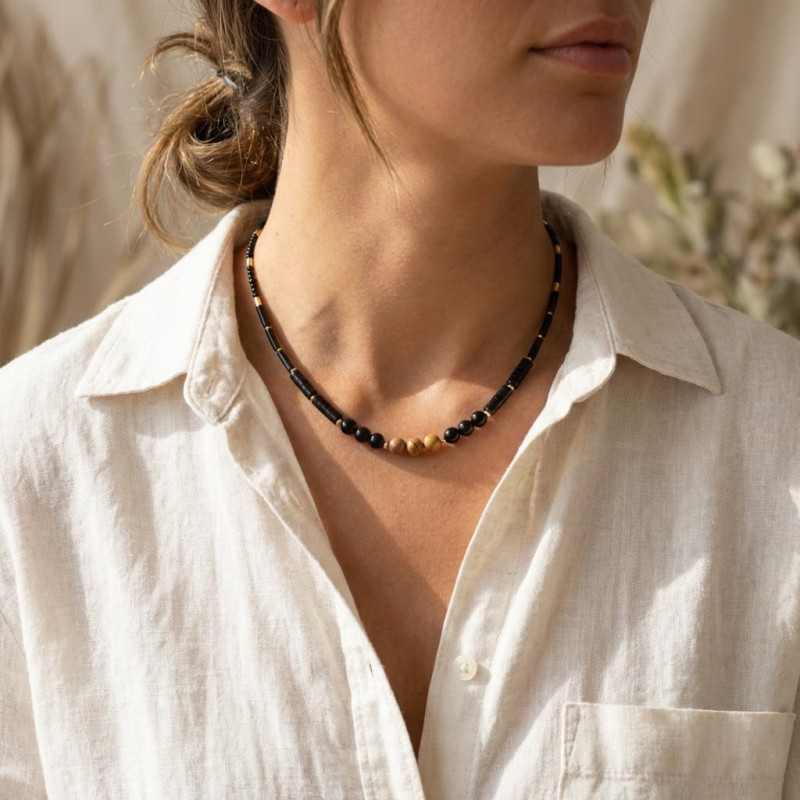 Collier complet perles agate noire et jaspe