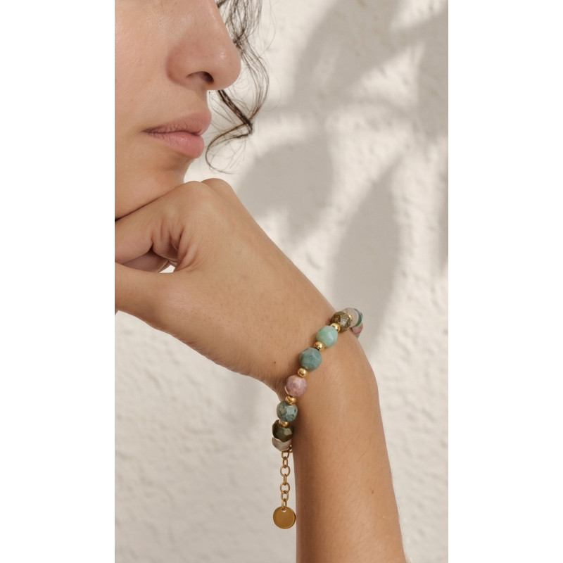 Bracelet pierres agate indienne - acier doré