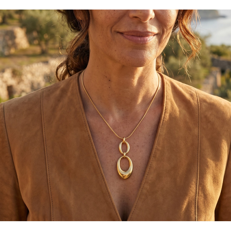 Collier maille ronde, double ovales - acier doré