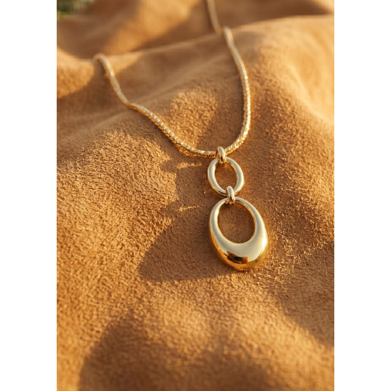 Collier maille ronde, double ovales - acier doré