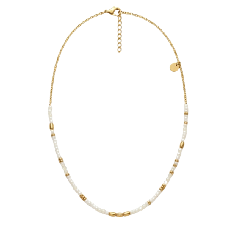 Collier perles blanche 3mm acier doré