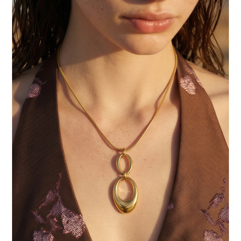 Collier maille ronde, double ovales - acier doré