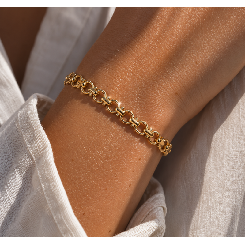 Bracelet maille ronde/cube - acier doré