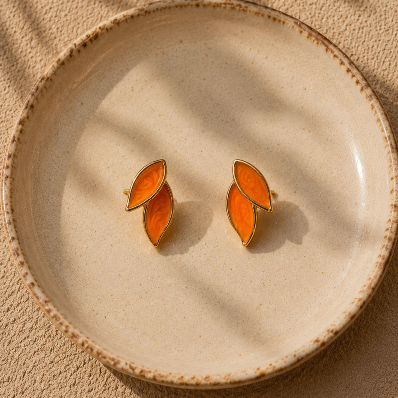 Puces deux pétales oranges - acier doré