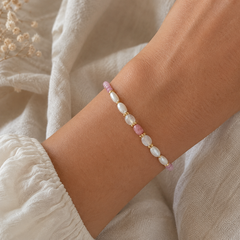 Bracelet tourmaline, nacre, pierre de lune - acier doré