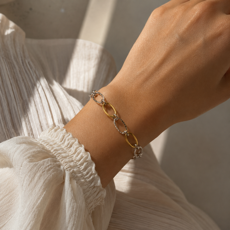 Bracelet ovales martelé bicolore - acier