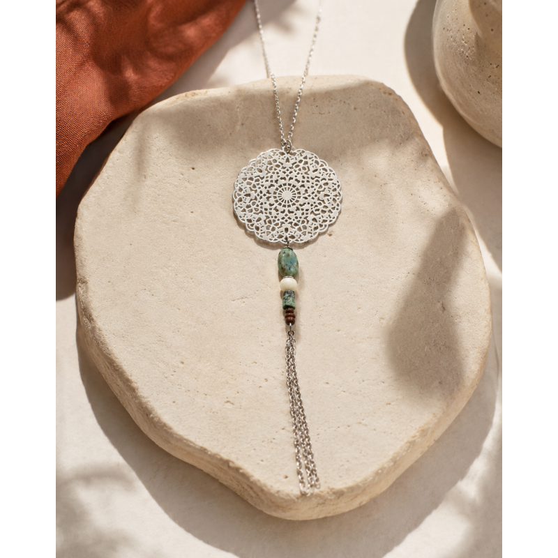 Pendentif long acier rosace turquoise africaine