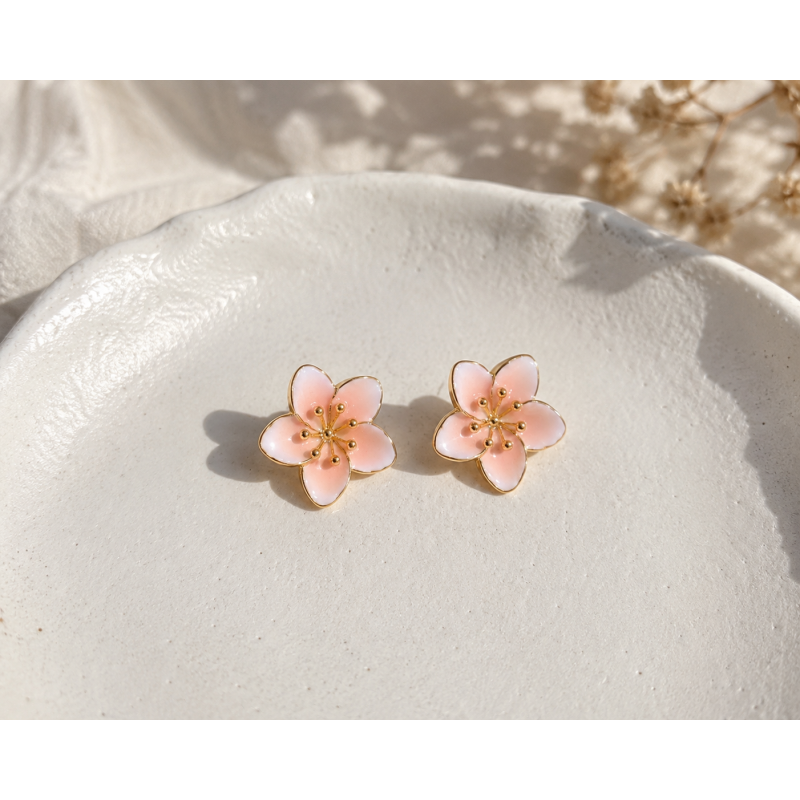 Boucles petites fleurs rose - acier doré