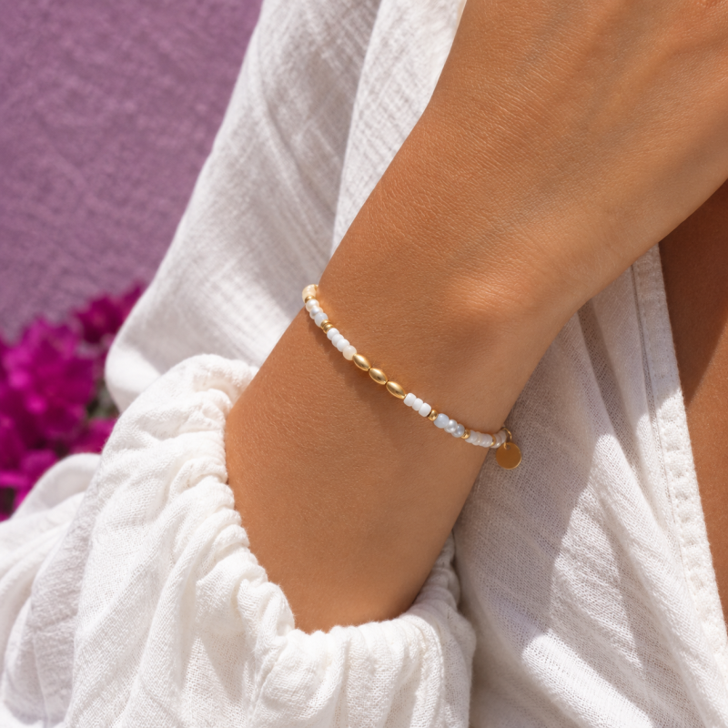 Bracelet perles blanche 3mm acier doré