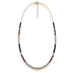 Collier perlés noir, grenat, quartz - acier doré