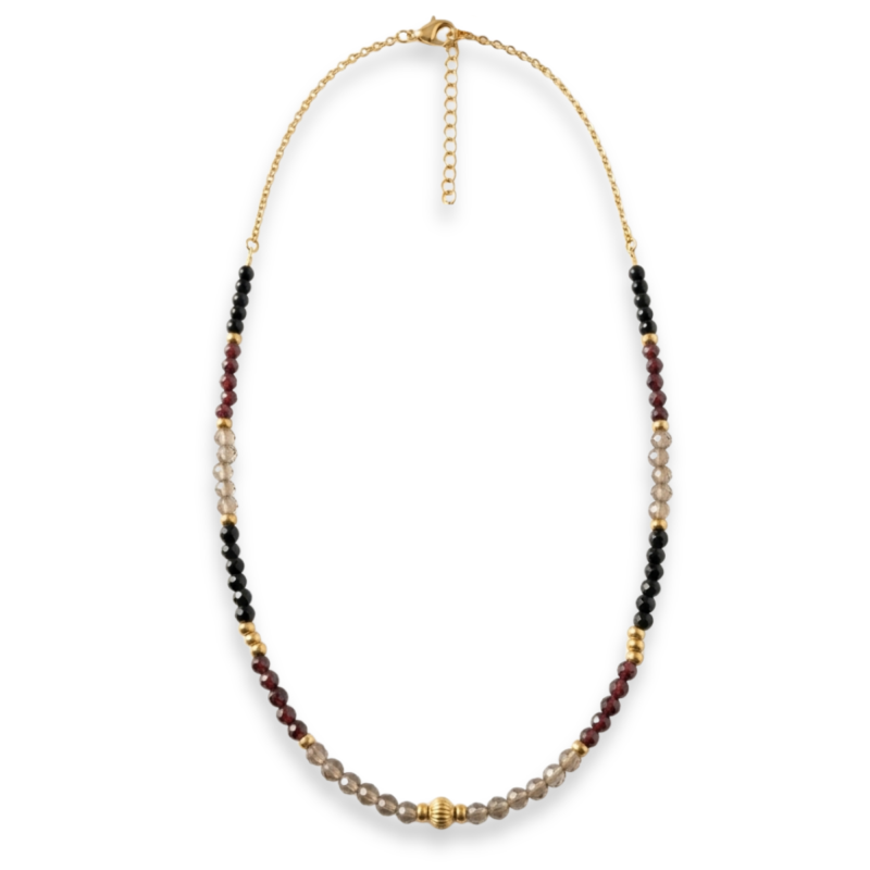 Collier perles grenat, quartz et verre noir - acier doré