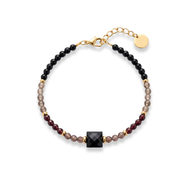 Bracelet carré noir, grenat, quartz - acier doré