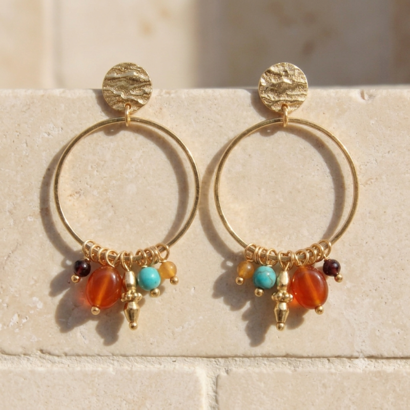 Boucles d'oreilles pendantes cercle et cornaline