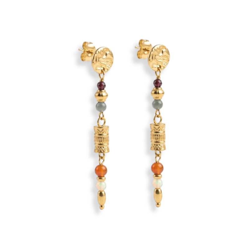 Boucles pend, cornaline grenat - acier doré