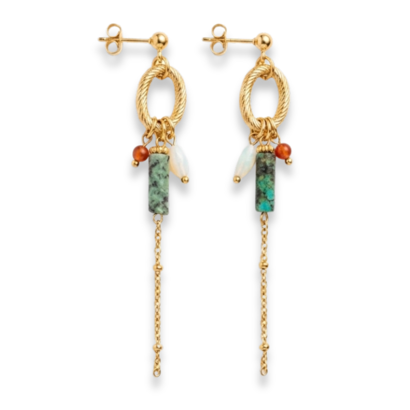 Boucles pend, ovales striées + tubes turq - acier doré